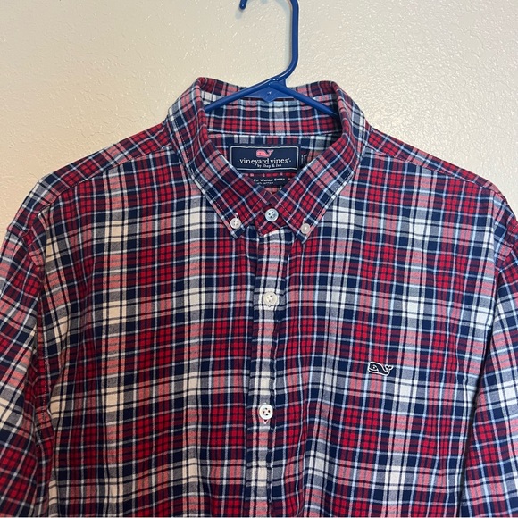 Vineyard Vines Flannel Shirt Mens Red Blue Plaid Slim Fit Whale Shirt Size 2XL - Picture 2 of 5